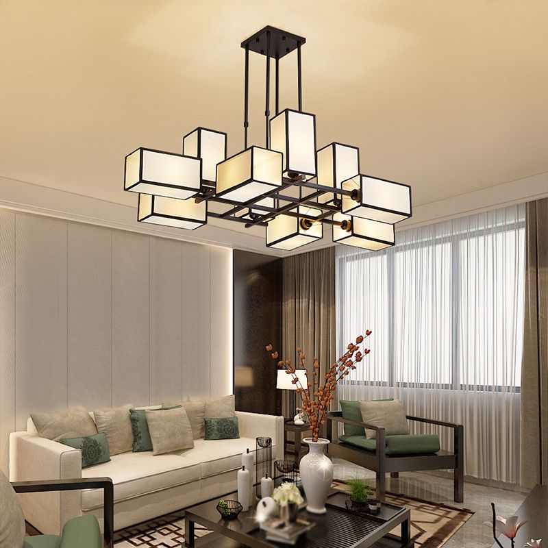 Layered Black chandelier over a living-room coffee table
