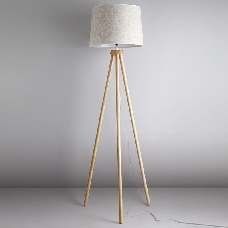Muto Modern Cylinder Wood Fabric Floor Lamp, White/Beige - Cueteks