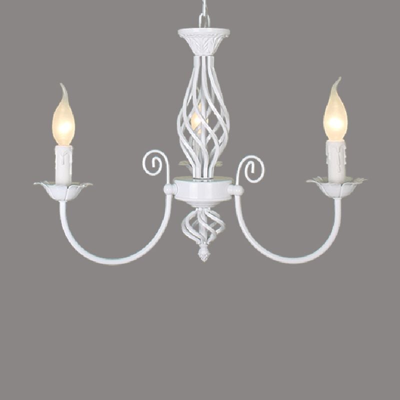 White Silva three-light chandelier isolated on grey, with two outer candle holders and central glow in the twisted open column