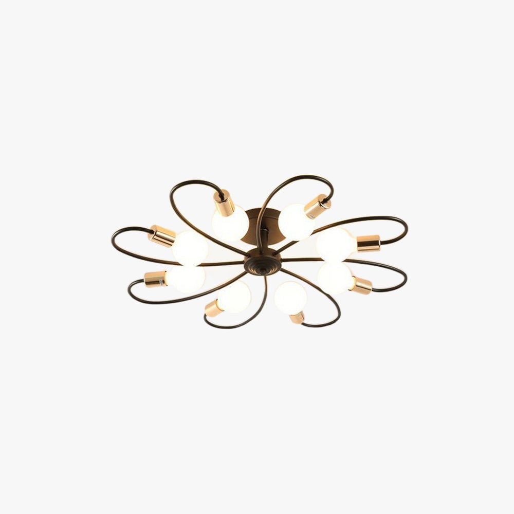 Valentina Black eight-light option on white with gold-tone holders, lit round bulbs and a short central stem.