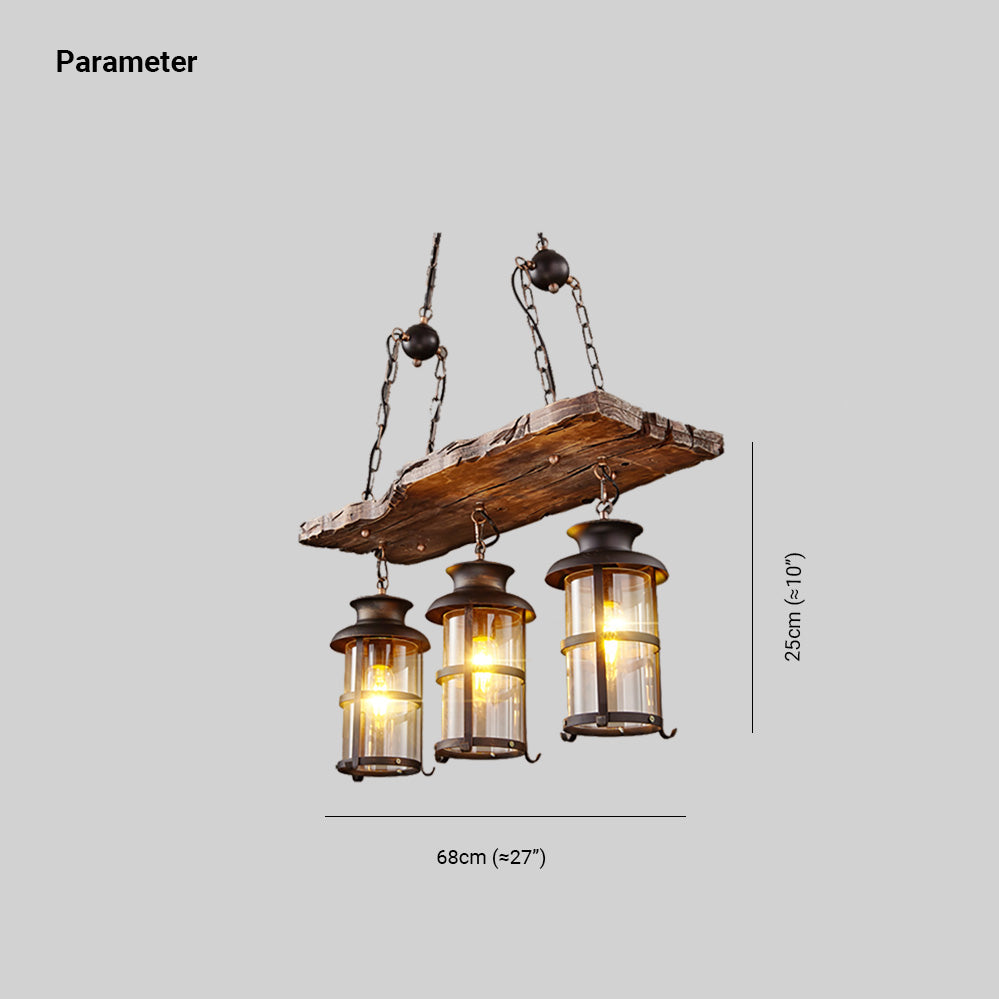 Austin Retro 3 Lantern Linear Wood/Metal, Chandelier - Cueteks