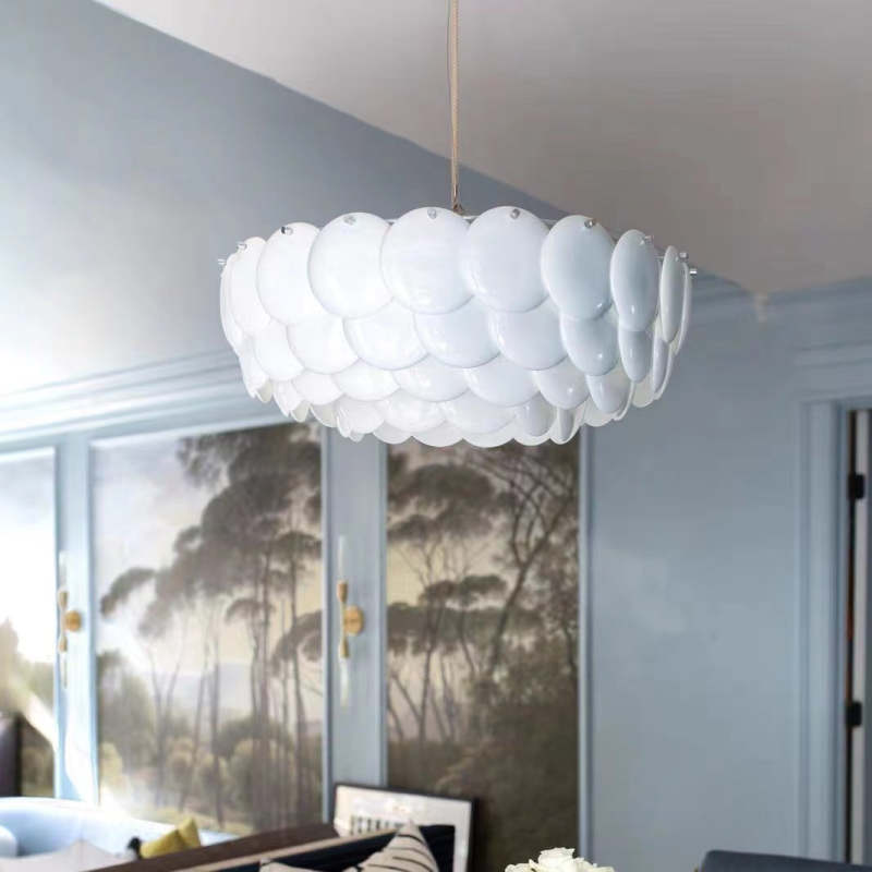 Lottie Wihte Art Deco Chandelier Light Fixture, Ceramic Leaf & Metal - Cueteks