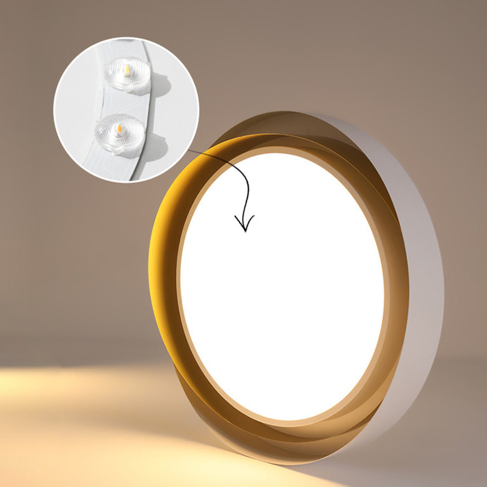 Gold-detail Quinn propped upright with a circular inset showing two LED lenses on a curved light board.