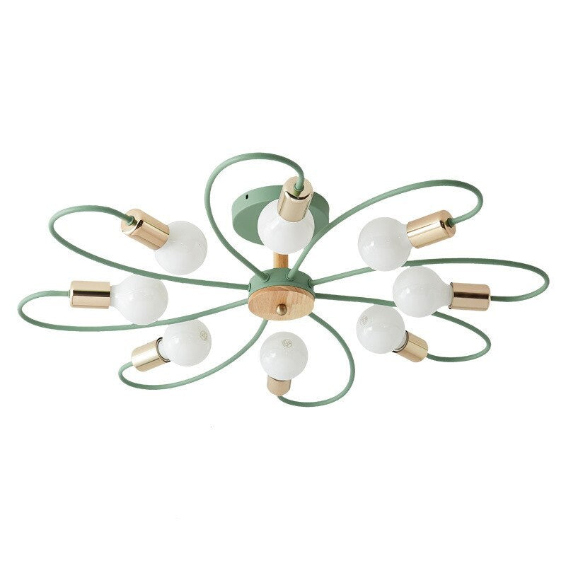 Unlit green eight-head ceiling light with petal-like metal loops, white globe bulbs and gold-tone holders