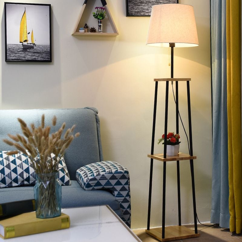 Eryn Modern Cone Metal Fabric Floor Lamp /w Shelf ,Black - Cueteks