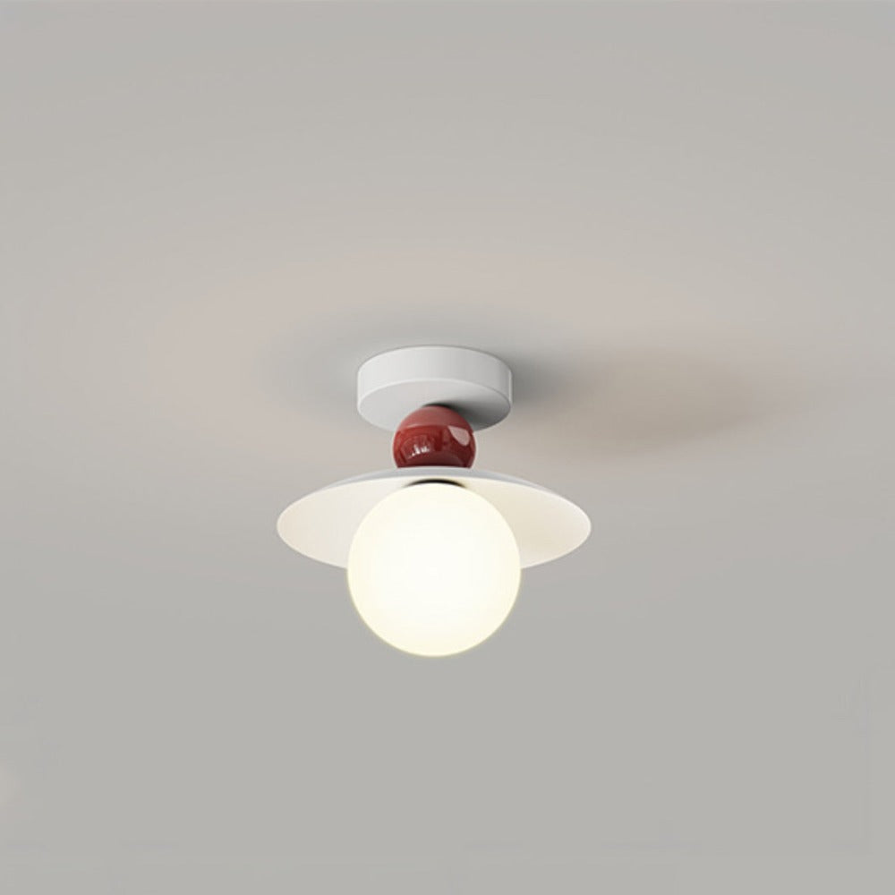 Hailie red-accent ceiling light with white canopy, disc shade and globe
