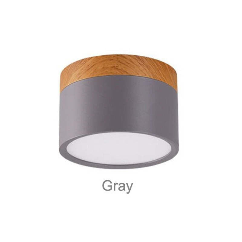 Gray Morandi cylinder with wood-look upper band and pale round face, labeled Gray on white backdrop.