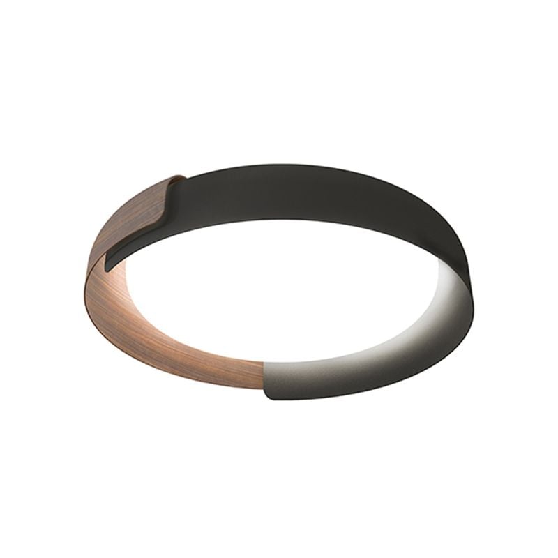 Unlit round Quinn light on a white background with a filled pale centre and overlapping wood-tone and black curved bands.