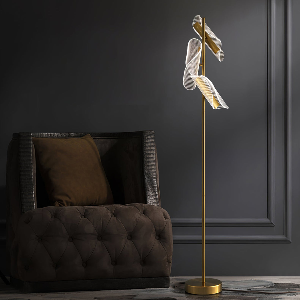 Salgado Floor Lamp Waves/3 Heads Modern, Acrylic, Gold/White, Living Room - Cueteks
