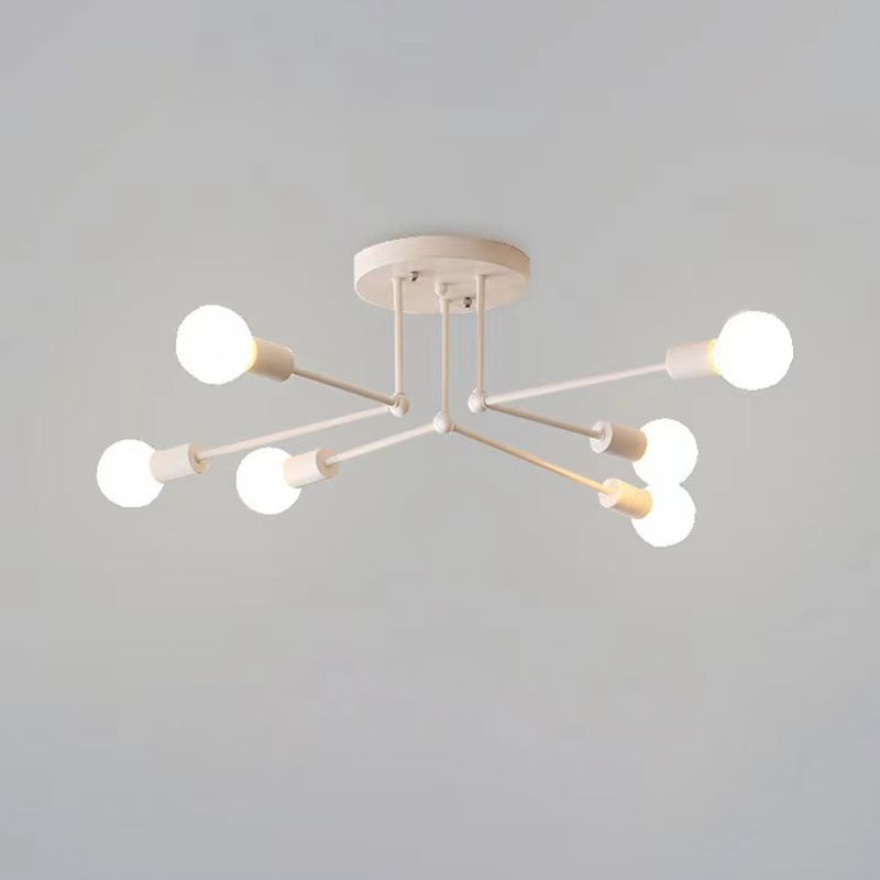White six-light Valentina on grey, with round canopy, three supports, outward arms and glowing round bulb examples.