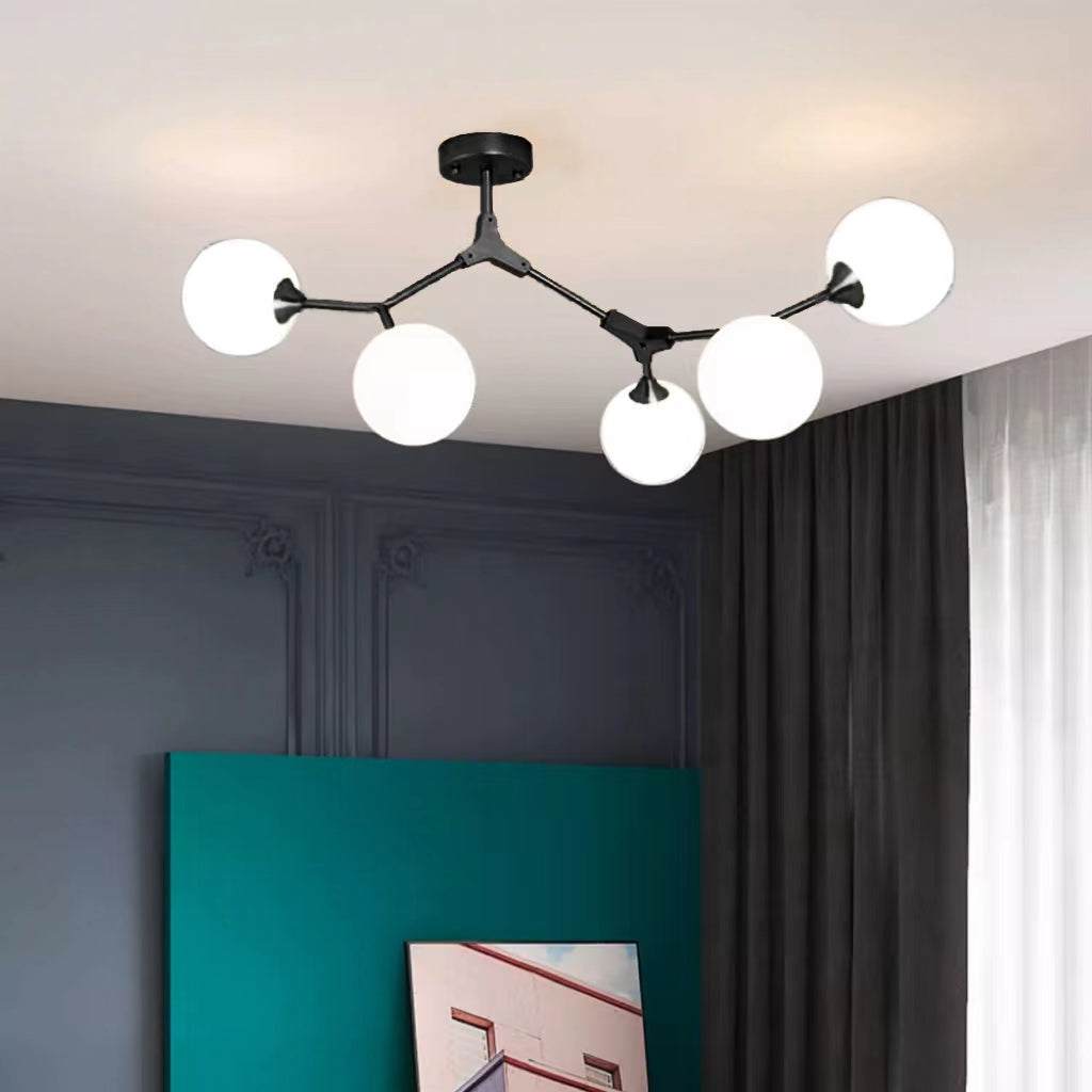 Black Valentina branch chandelier with five white globes
