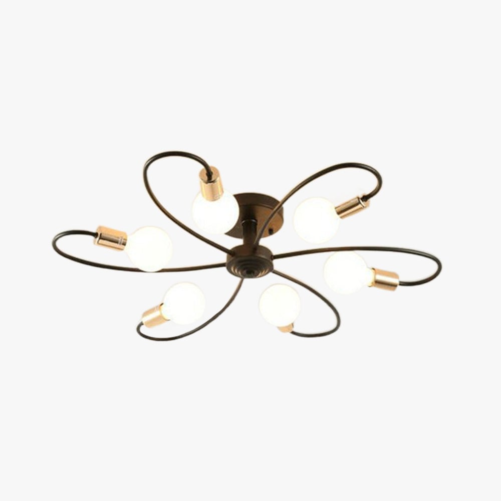 Valentina Black six-light option with looped arms, gold-tone holders and exposed round bulbs against white.