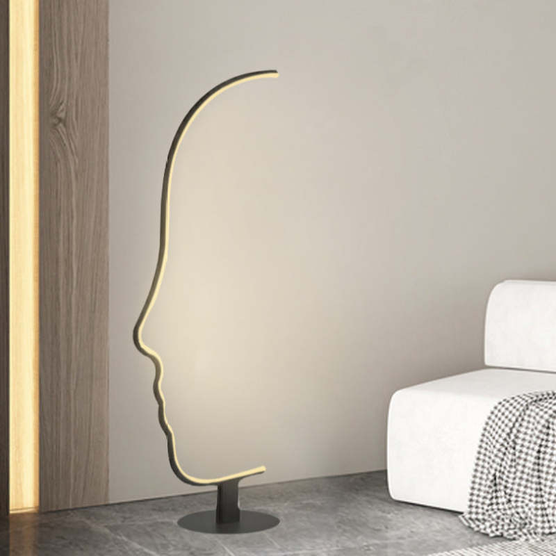 Edge Human Face Profile Modern Arc Floor Lamp, Black, Metal/Silicon - Cueteks