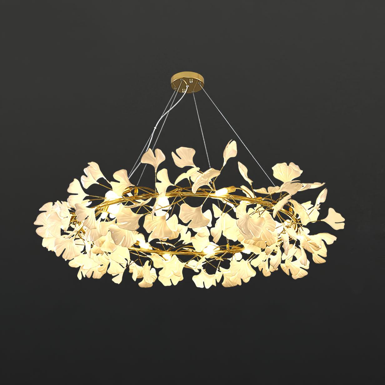 Gold-frame chandelier with a dense ring of white leaves