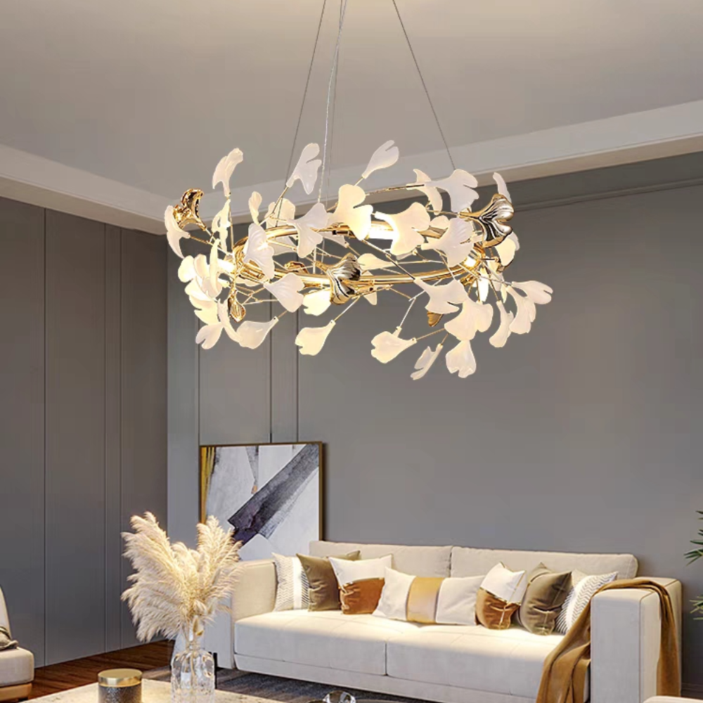Olivia GinkLuxe Modern Golden LED Chandelier, Metal & Ceramic - Cueteks