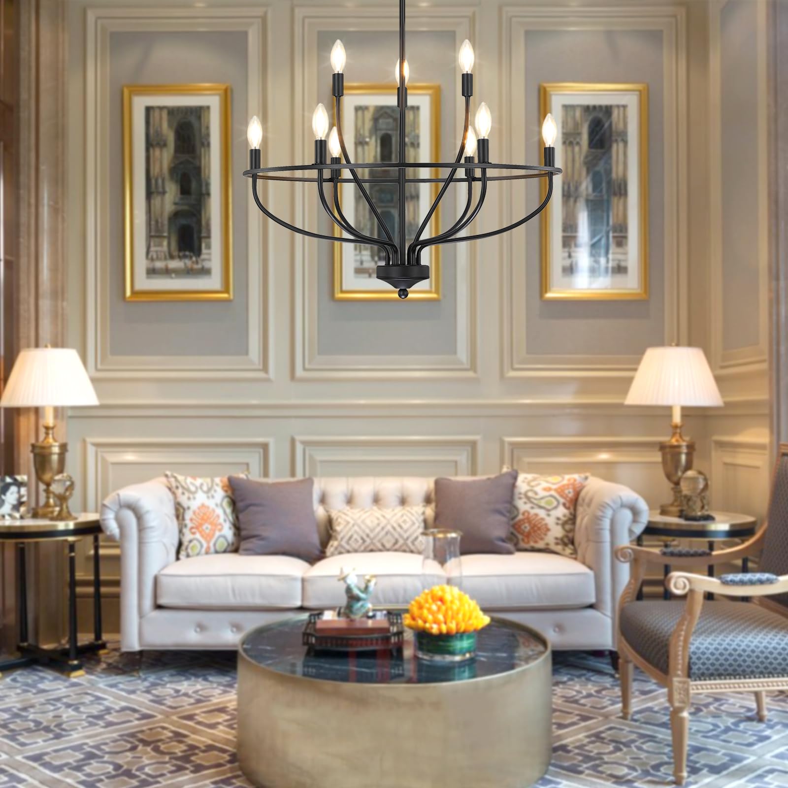 Silva black candle chandelier in a living room