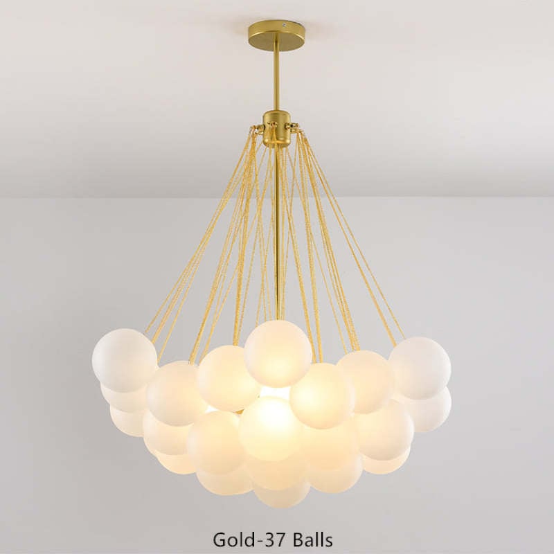 Second view of illuminated Gold 37 Balls pendant