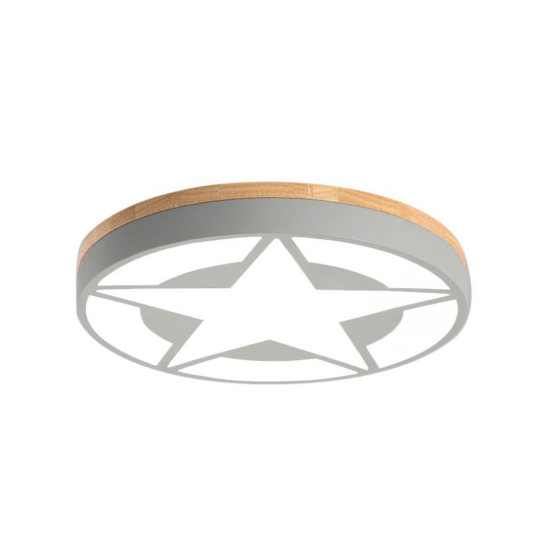 Close view of a grey round star ceiling fixture on white, with wood-tone upper trim and grey frame