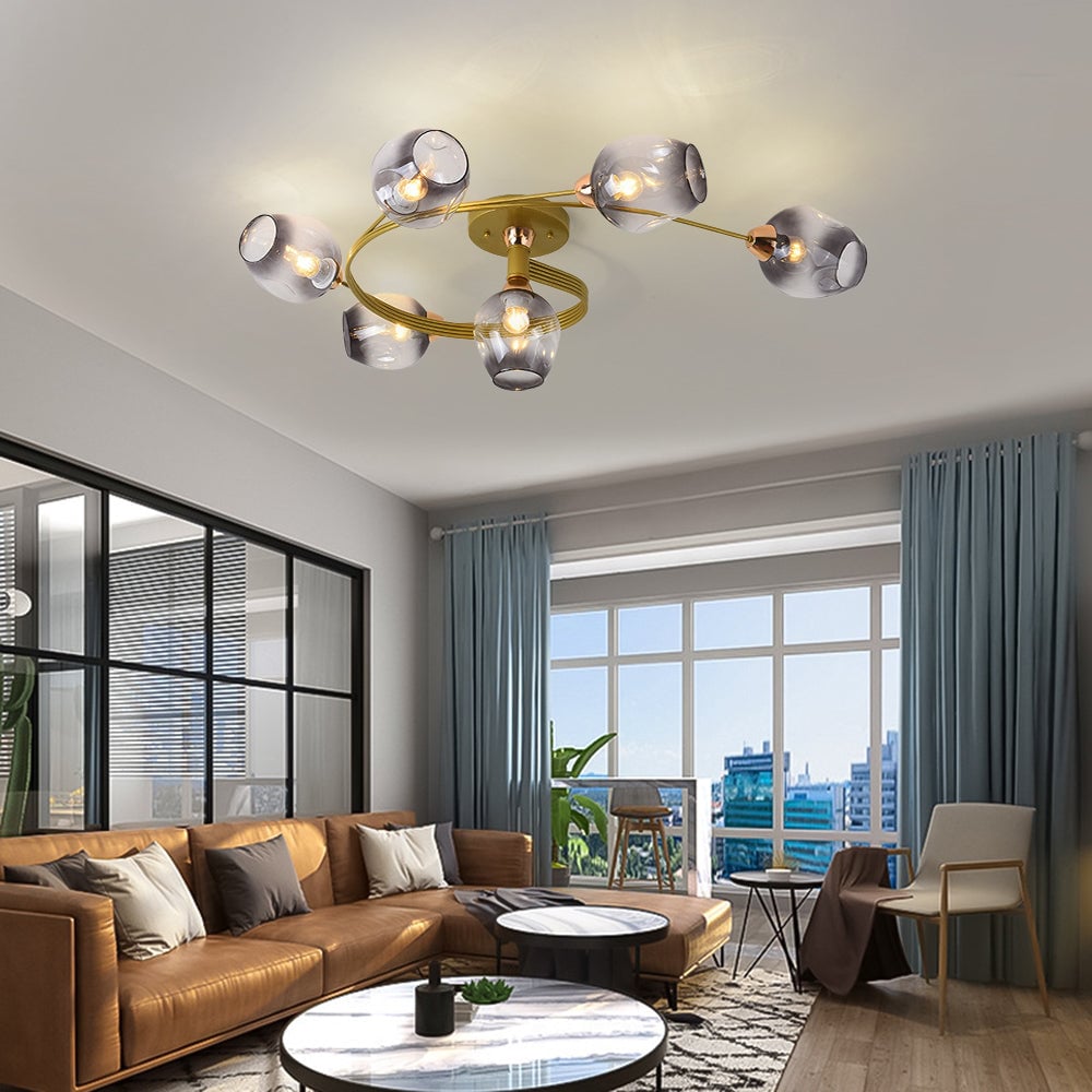 Valentina Flush Mount Ceiling Light, Glass, Black/Gold, Dining Room - Cueteks