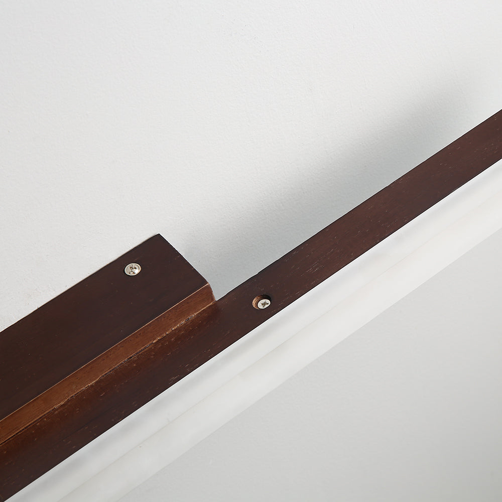 Close-up of dark wooden mount, screws and acrylic face