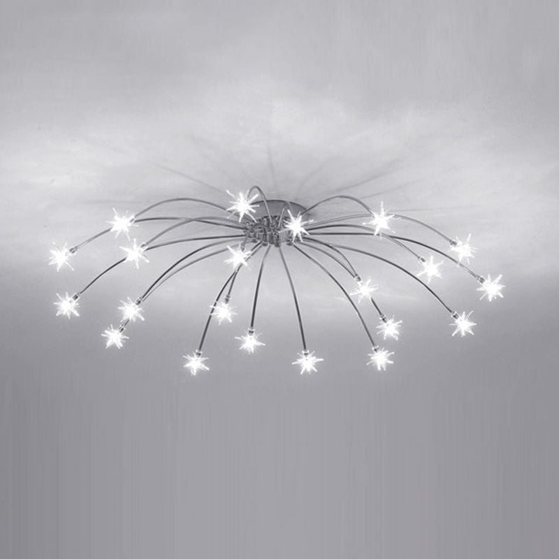 Monochrome 21-light Chrome reference with curved reflective-looking arms and bright glass stars around round canopy