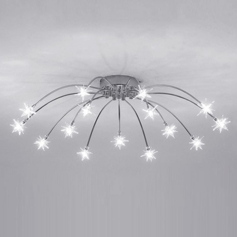 Monochrome view of curved radial ceiling lamp with lit star heads and soft ceiling shadows