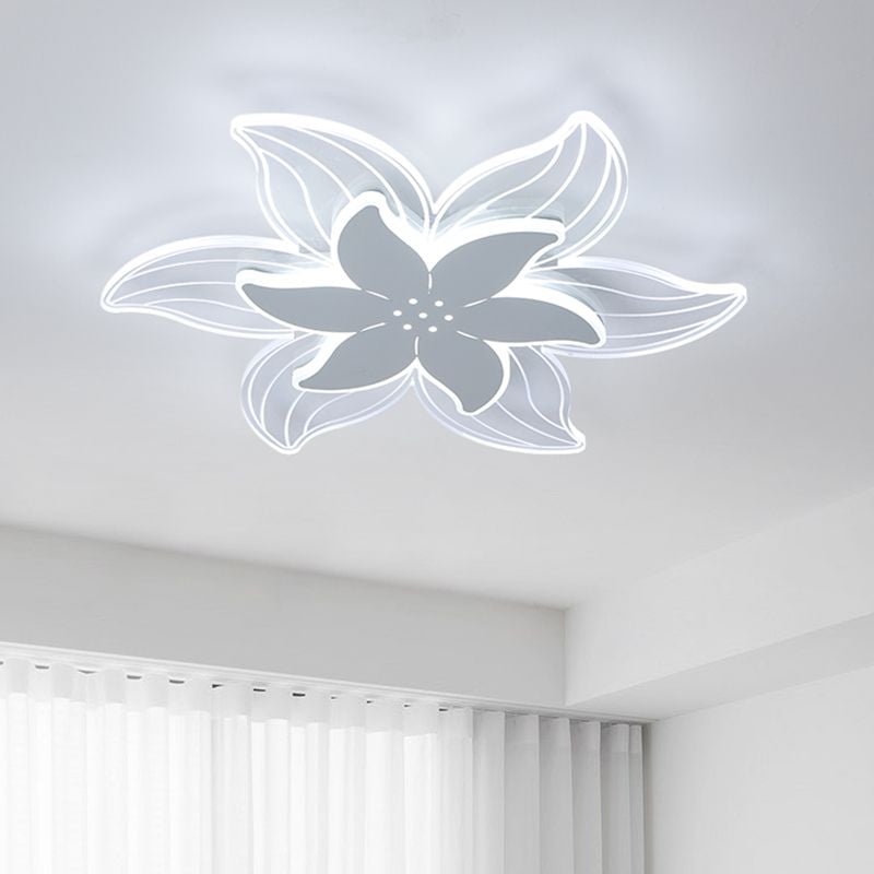 White Light Hana flower ceiling fixture above a window with sheer curtains.