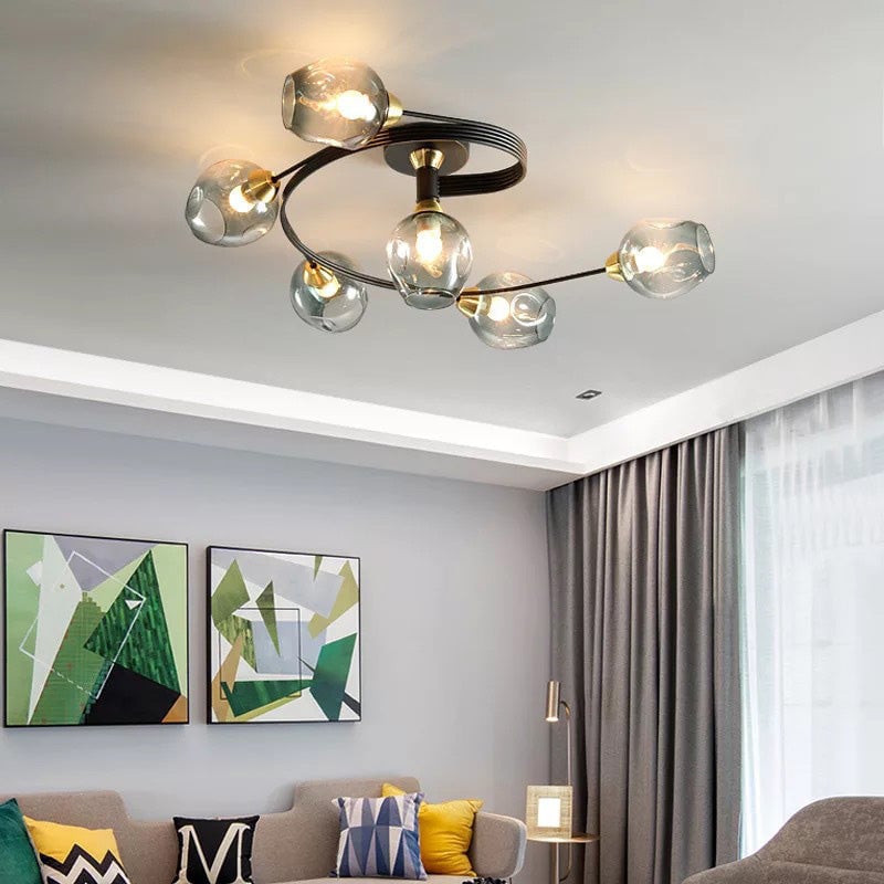 Valentina Flush Mount Ceiling Light, Glass, Black/Gold, Dining Room - Cueteks