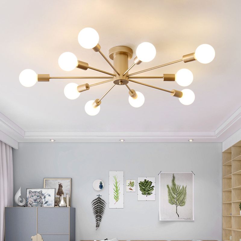 Gold ten-light radial fixture above botanical and animal pictures, a cabinet and other ceiling lights