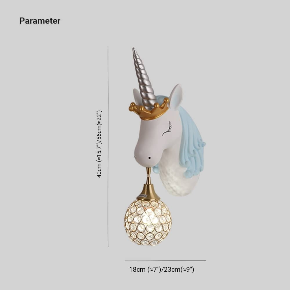 Blue unicorn rounded-shade diagram showing 40 or 56 cm overall height and 18 or 23 cm horizontal width labels