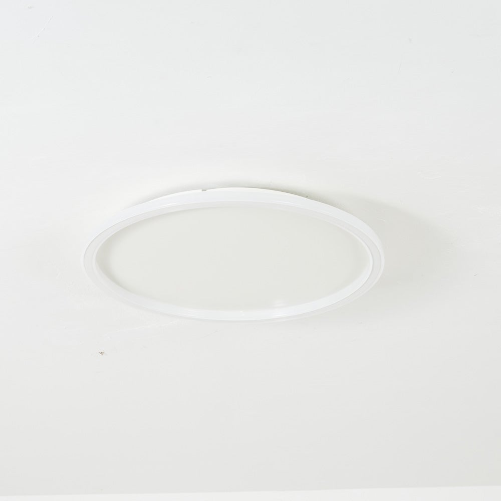 Unlit White circular ceiling ring and shallow upper profile against a White ceiling