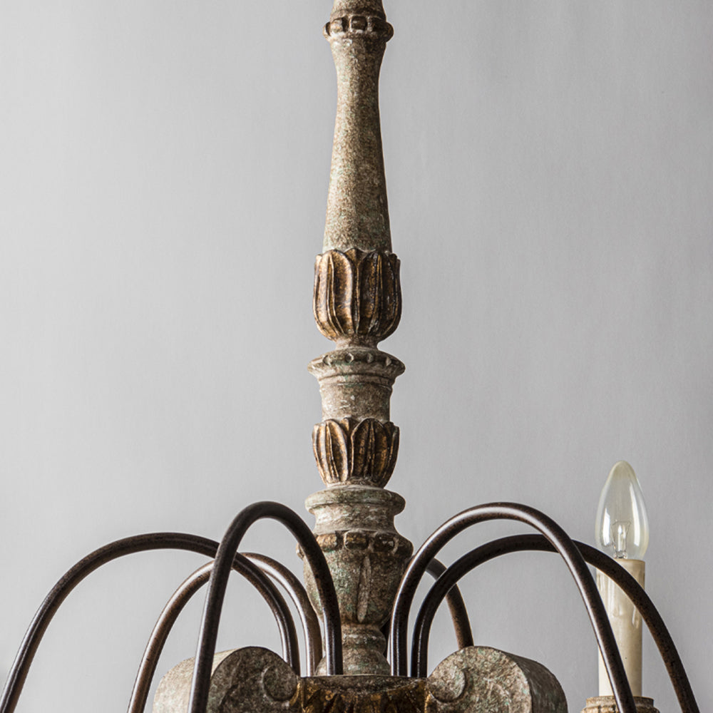 Detail of Silva’s ornamented central column, leaf-shaped bands, curved arms and candle-style holder