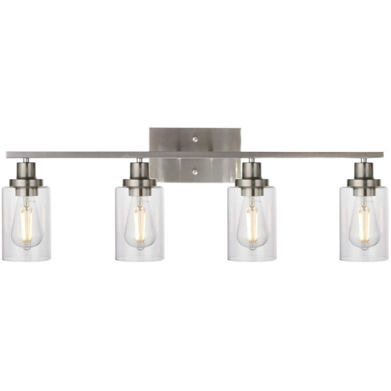 Nickel-finish Alessio four-light wall bar with downward clear glass cylinders on white