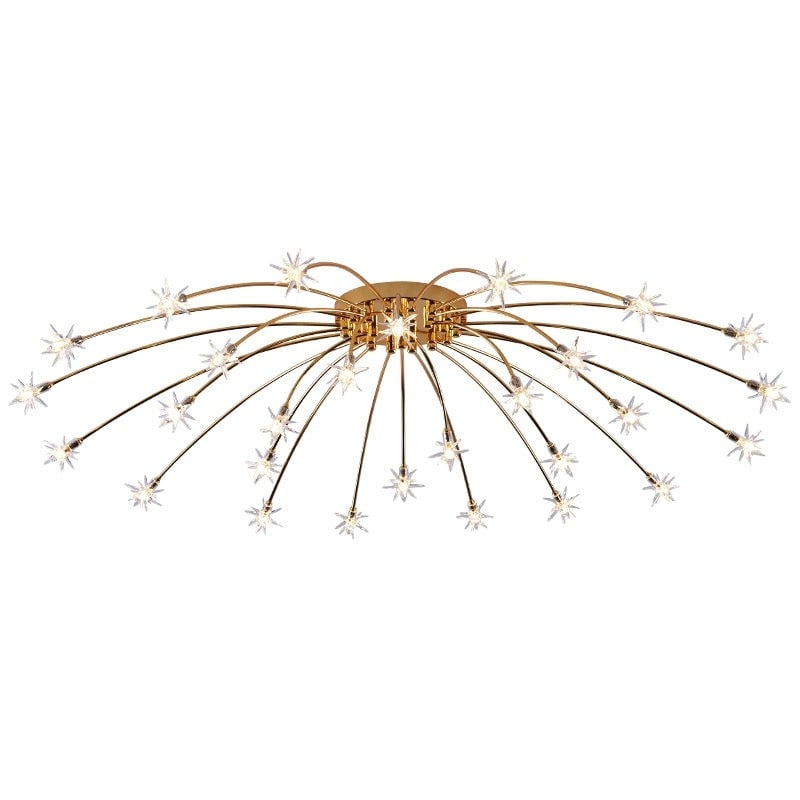 28-light Gold reference isolated on white, with broad curved radial arms, round canopy and clear pointed glass stars