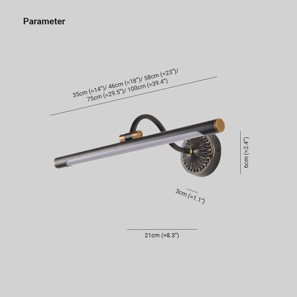 Linear wall-light diagram listing 35, 46, 58, 75 and 100 cm lengths