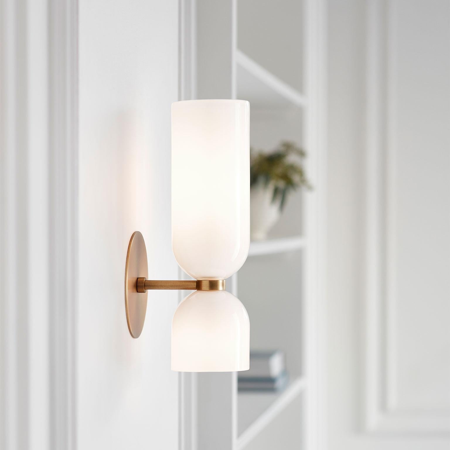 White glass shades seen beside their round plate and short arm