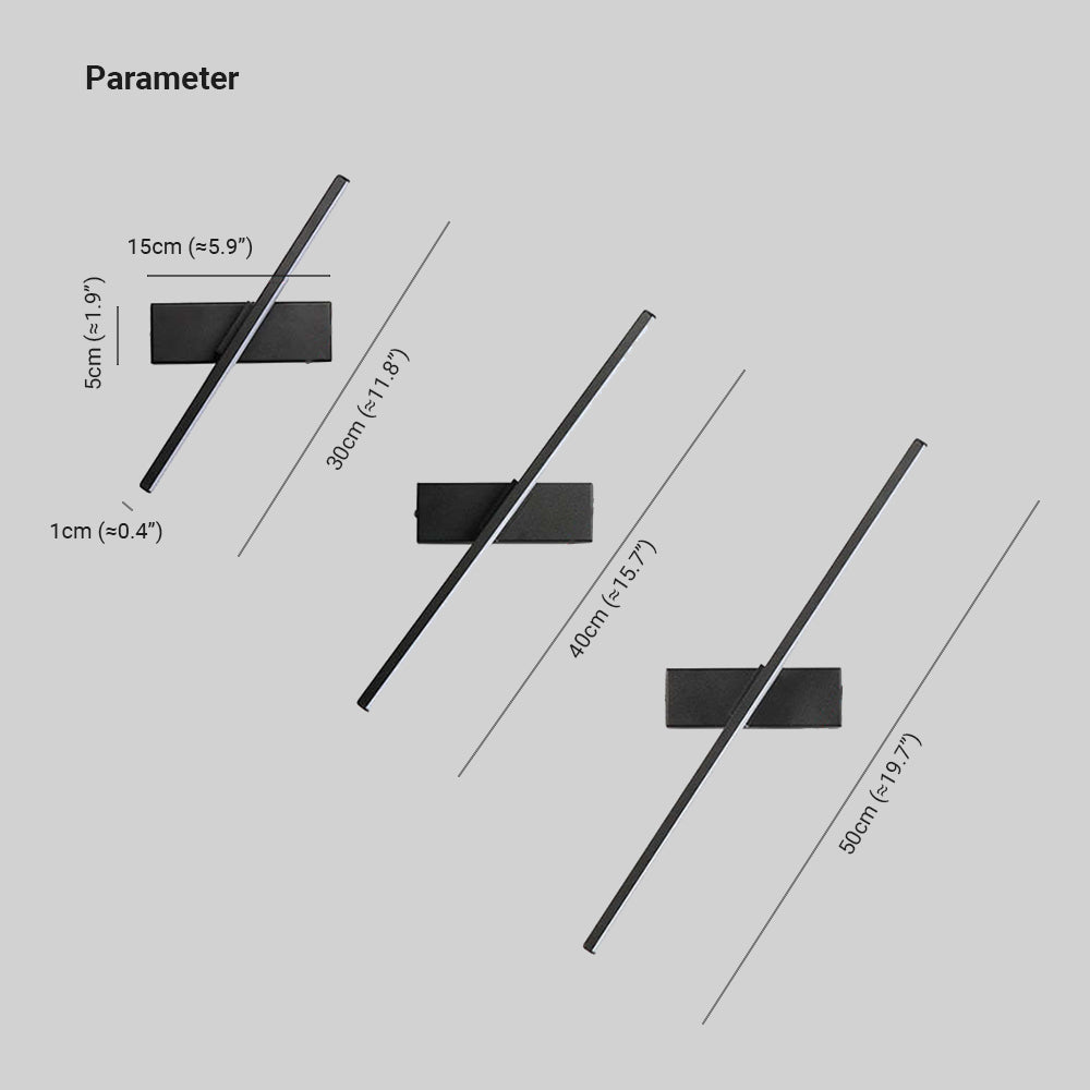 Edge wall-light drawing showing 30, 40 and 50 cm bars and a 15 by 5 cm base