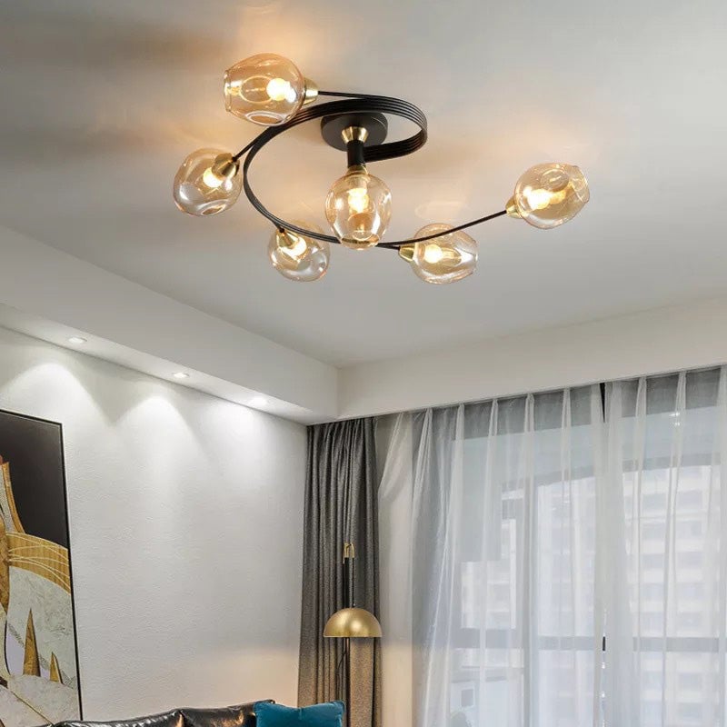 Valentina Flush Mount Ceiling Light, Glass, Black/Gold, Dining Room - Cueteks