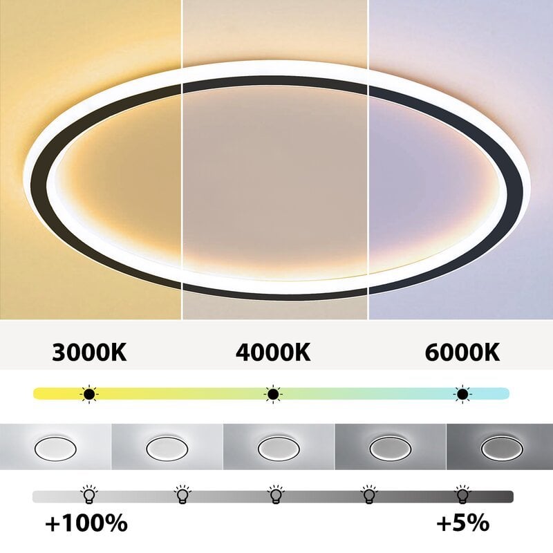 Light graphic labelled 3000 K, 4000 K and 6000 K, with a brightness illustration from 100% to 5%