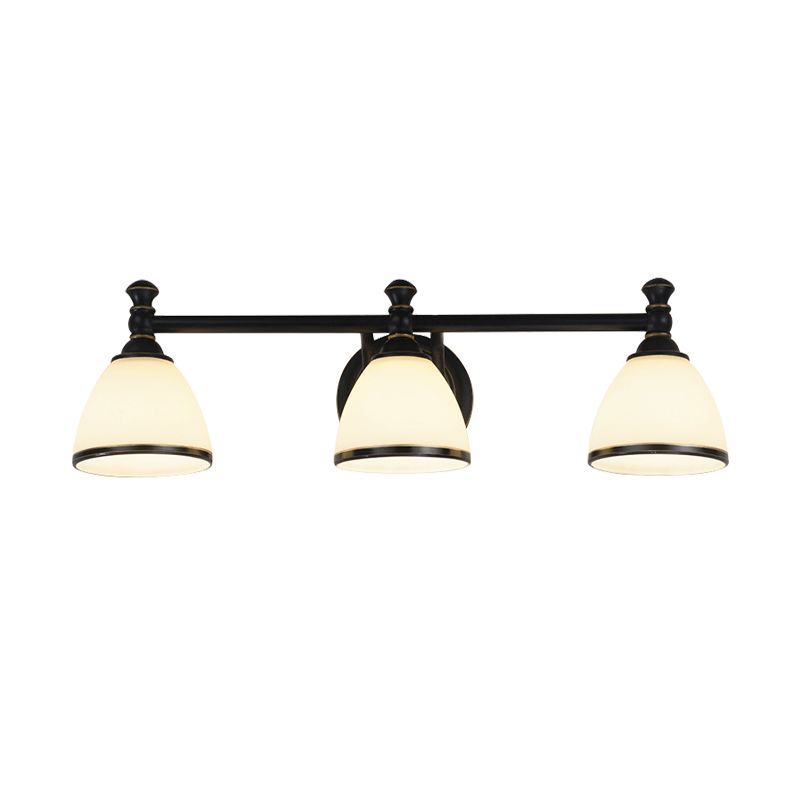 Eryn three frosted-glass shades on a black horizontal bar