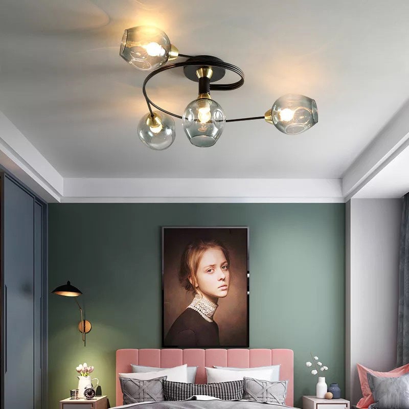 Valentina Flush Mount Ceiling Light, Glass, Black/Gold, Dining Room - Cueteks