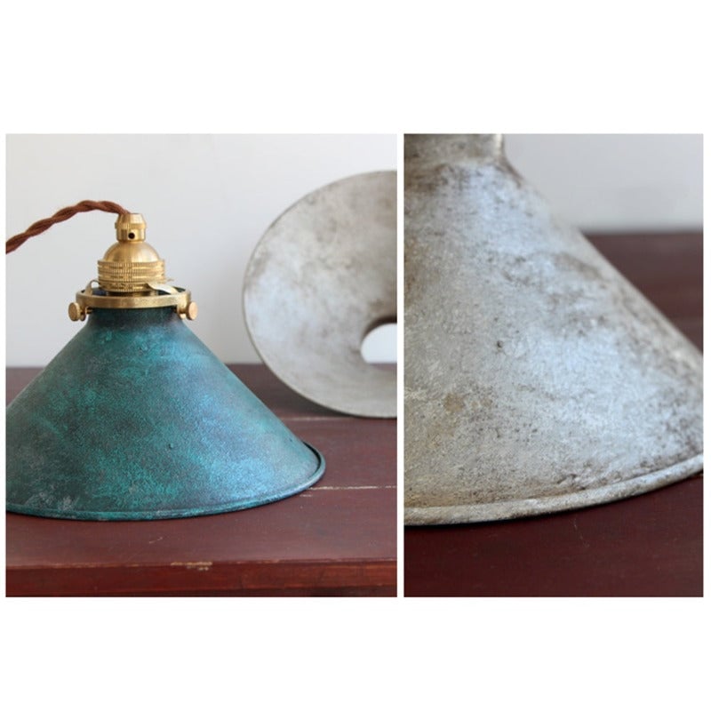 Two-panel view of a blue cone shade on a table and a close-up of a silver textured shade rim