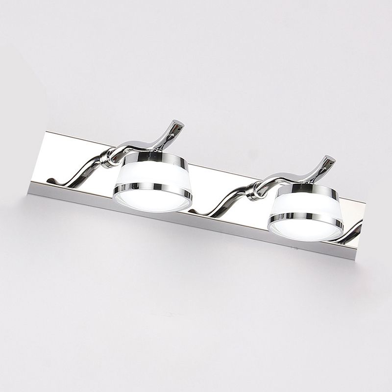 Close view of the two-light Leigh fixture with rounded diffusers and reflective metal fittings.