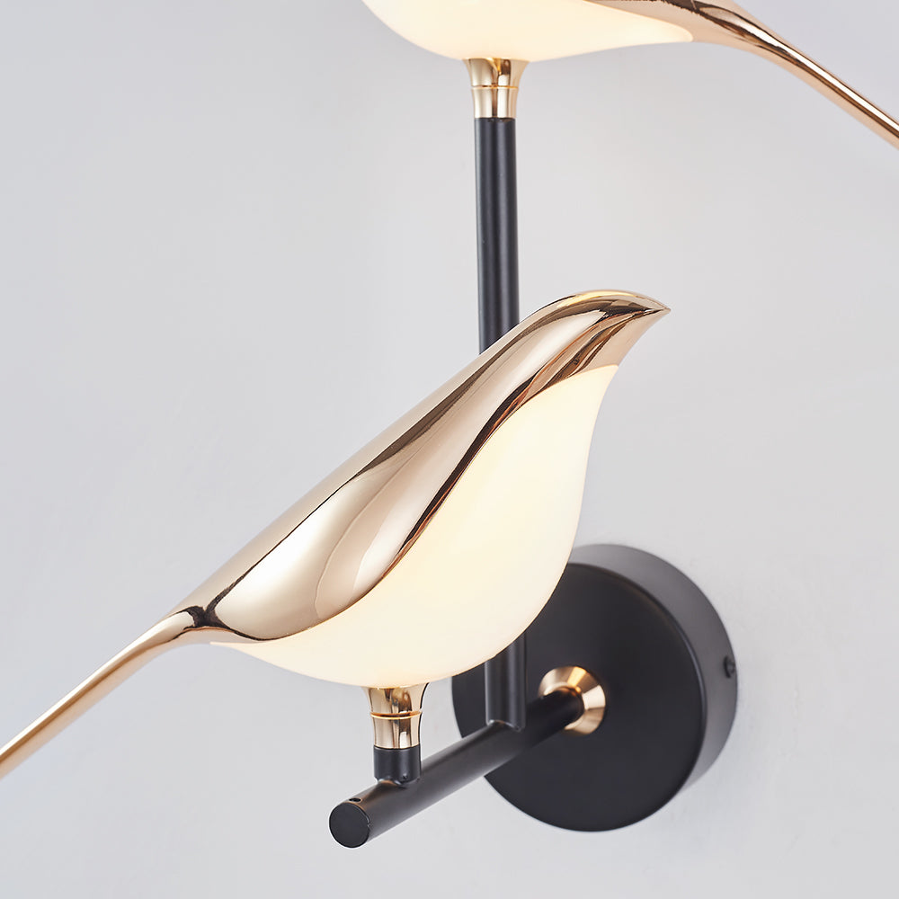 Close-up of two bird bodies and shared round wall plate