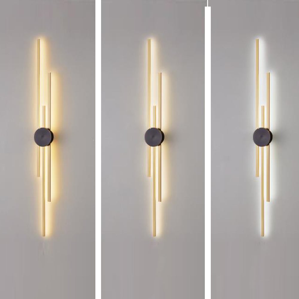 Three-panel image of the same three-bar wall light with different warm and white light appearances
