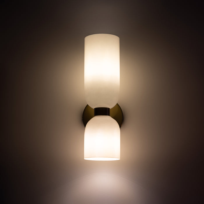 Glowing White upper and lower shades on a dark wall