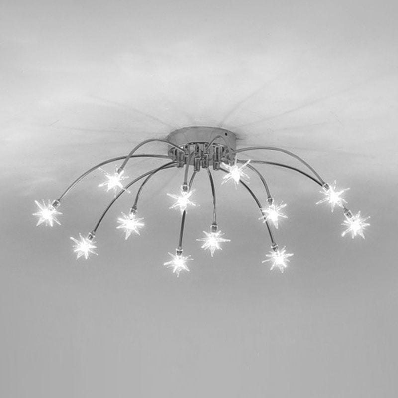 Monochrome 12-light Black reference showing curved arms, round canopy and bright glass star heads on pale ceiling