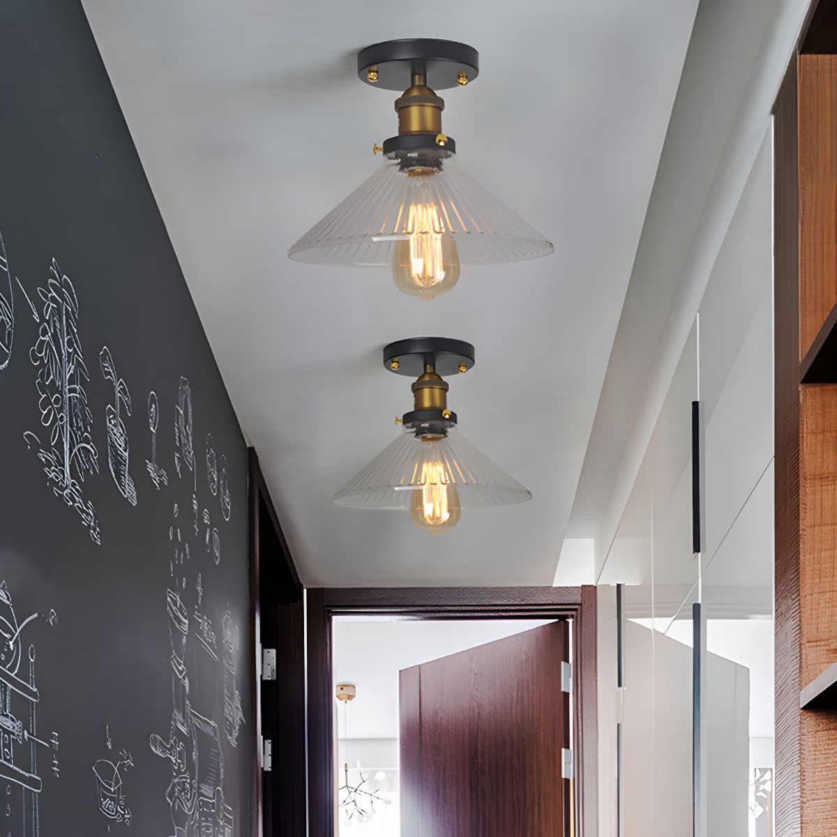 Alessio Industrial Glass Flush Mount Ceiling Light, Black - Cueteks