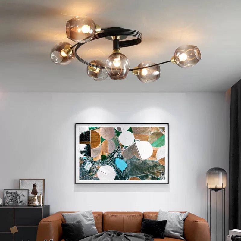 Valentina Flush Mount Ceiling Light, Glass, Black/Gold, Dining Room - Cueteks