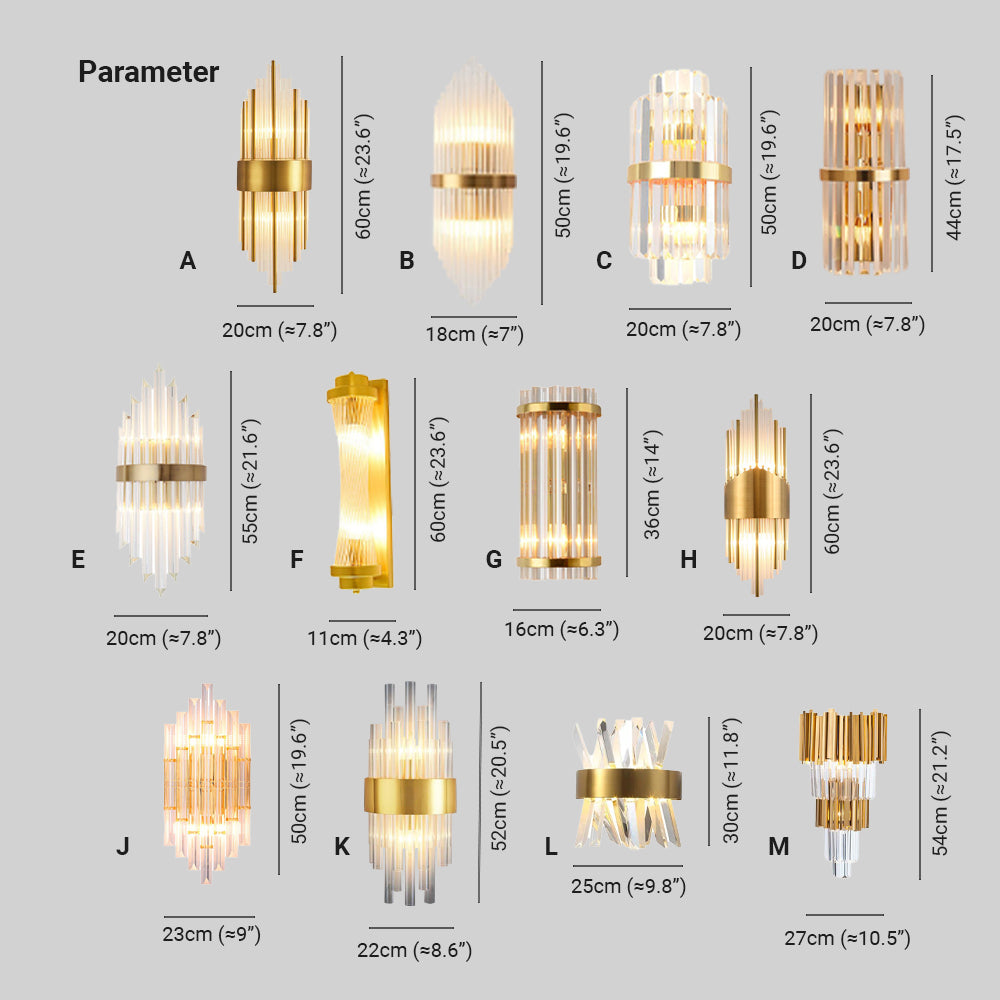 Kristy shape chart showing twelve A–M designs with height and width labels; I is not shown